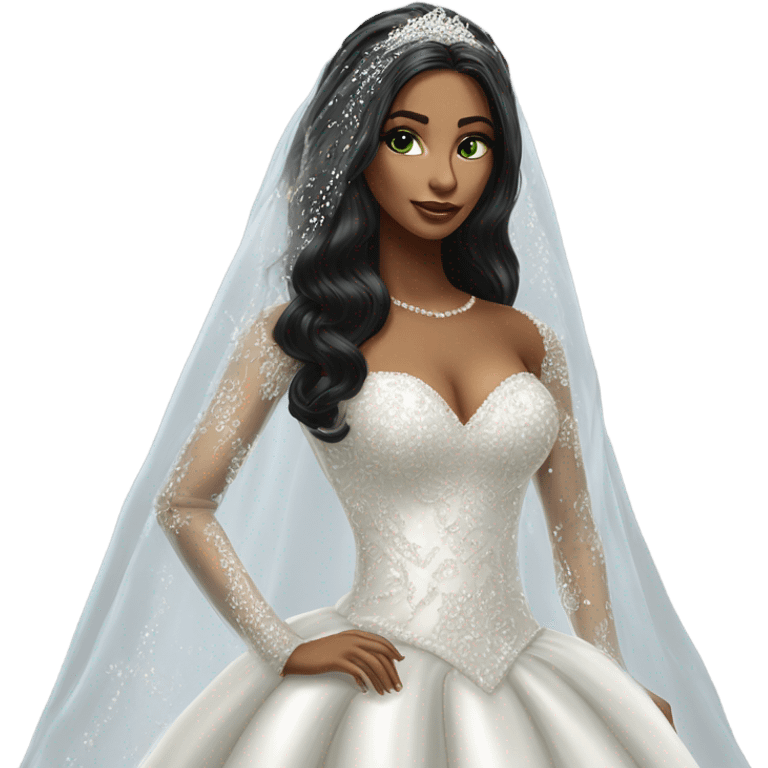 Hyper Realistic ornate ballgown long sleeve Wedding dress with diamanté on bride with green eyes and long black hair with veil emoji