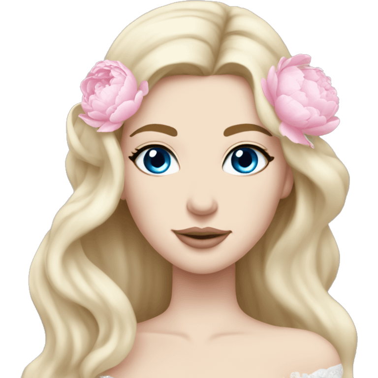 White bride with long light blonde hair and blue eyes with light pink peonies in hair white skin light pink lips emoji