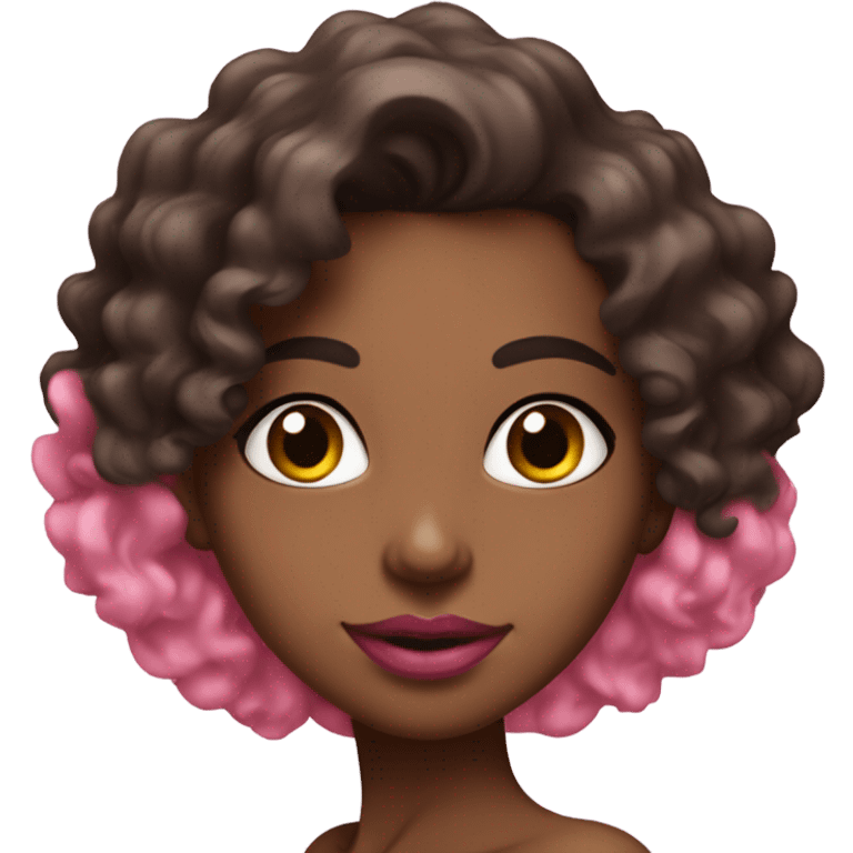 Woman with big pink lips, somewhat curly dark brown hair, and a thin neck wearing a pink bikini emoji