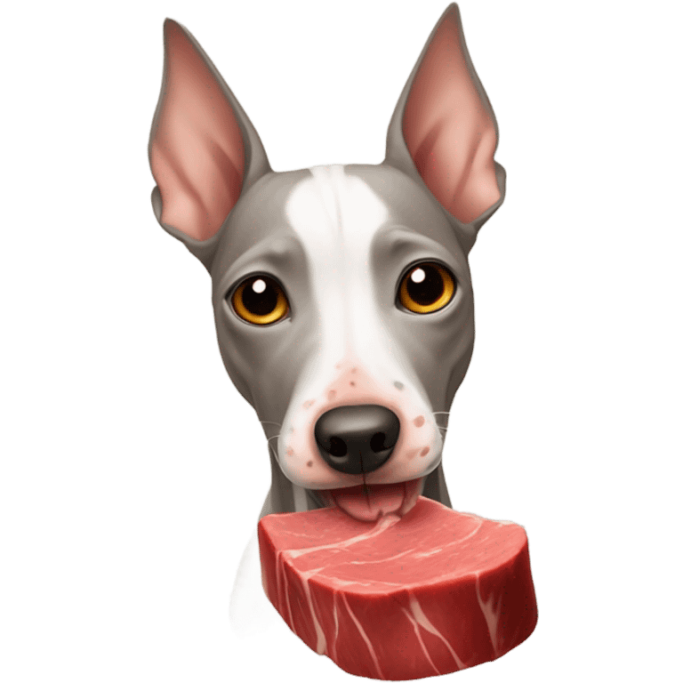 American Hairless Terrier eating red beef emoji