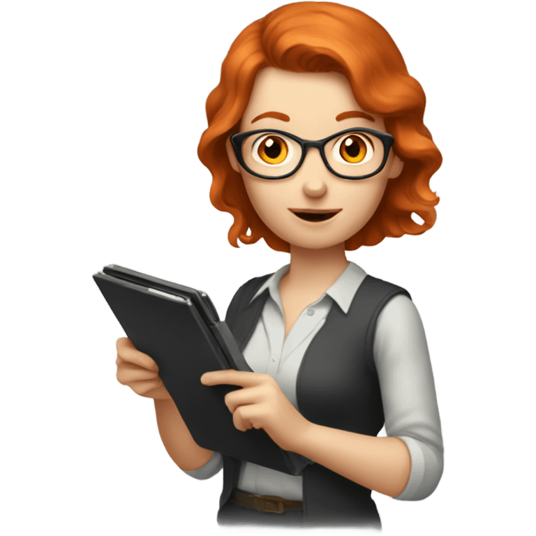 Smart, redheaded woman using a calculator emoji