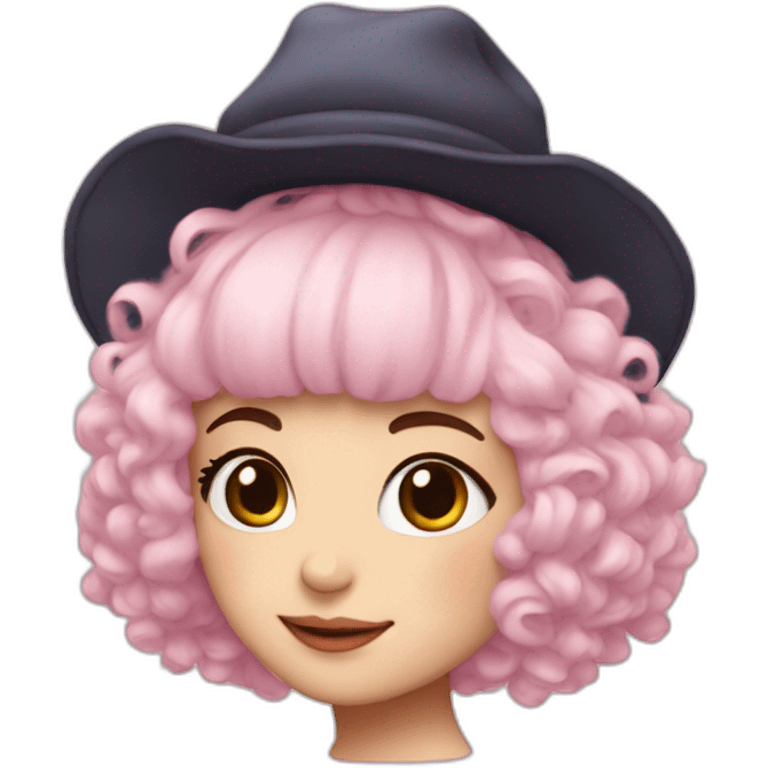 •	Pale pink hair 	•	Youthful facial features 	•	Fluffy hat with a rounded shape 	•	Dress with lots of frills emoji