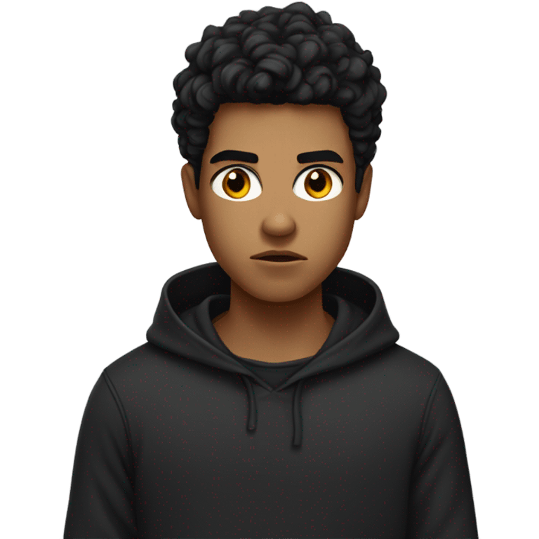 a young male with medium skin and curly black hair, wearing a black hoodie, angry expression emoji