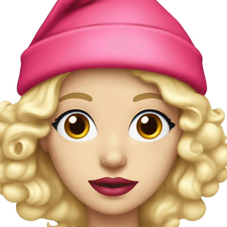 Beautiful blonde blue eyed woman with pink lips wearing red santa hat emoji