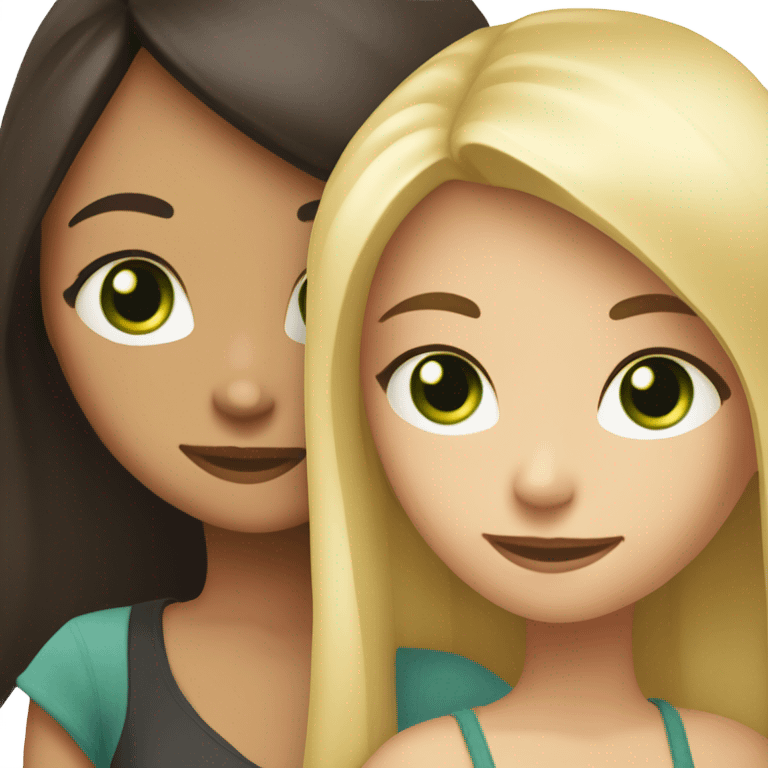 dark-eyed Brunette Girl hugs green-eyed blonde girl both are caucasian and have long hair  emoji