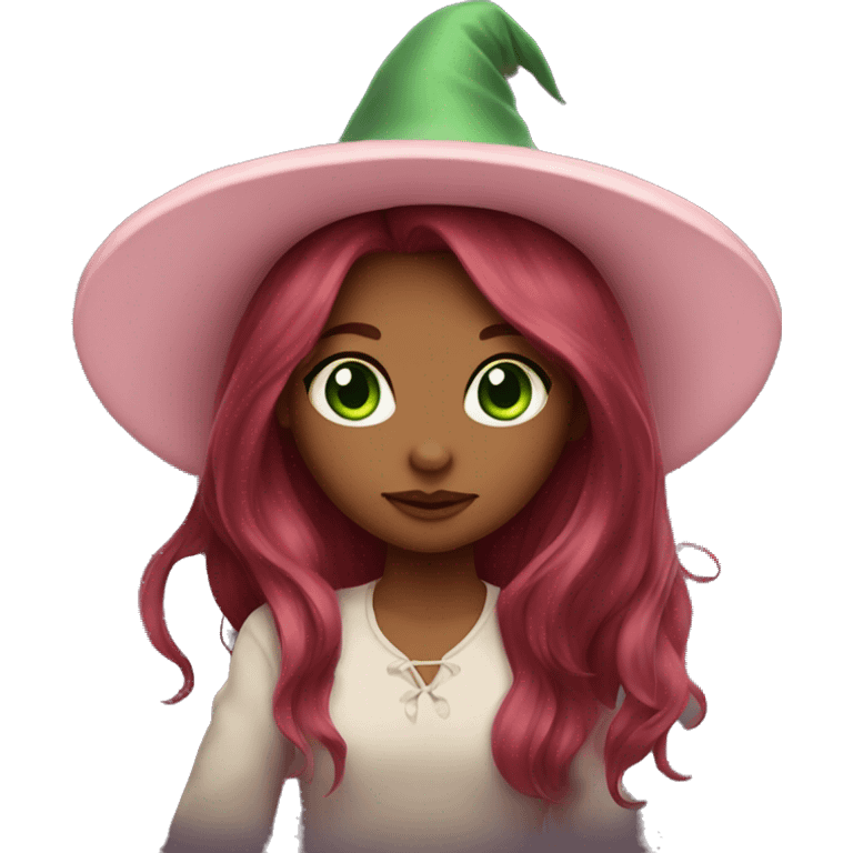 girl long dark red hair green eyes and baby pink witch hat emoji