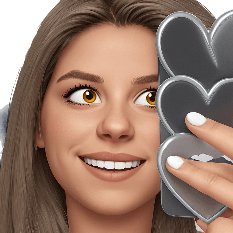 smiling girl holding heart emoji