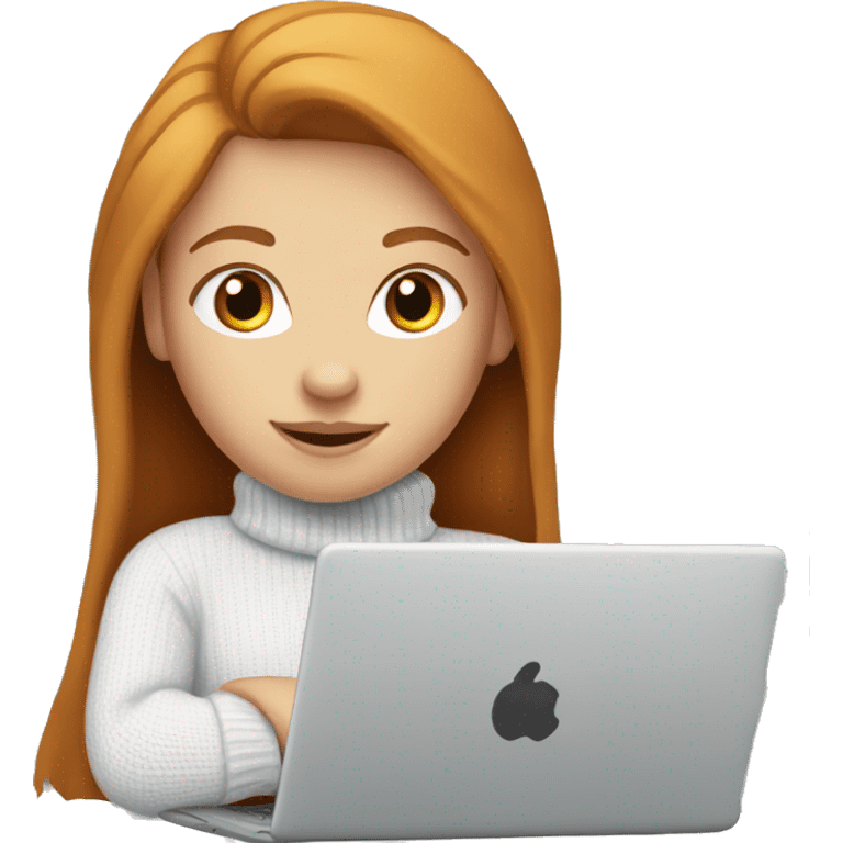 ginger girl with straight long hair and blue eyes in turtle neck white sweater working on a laptop emoji