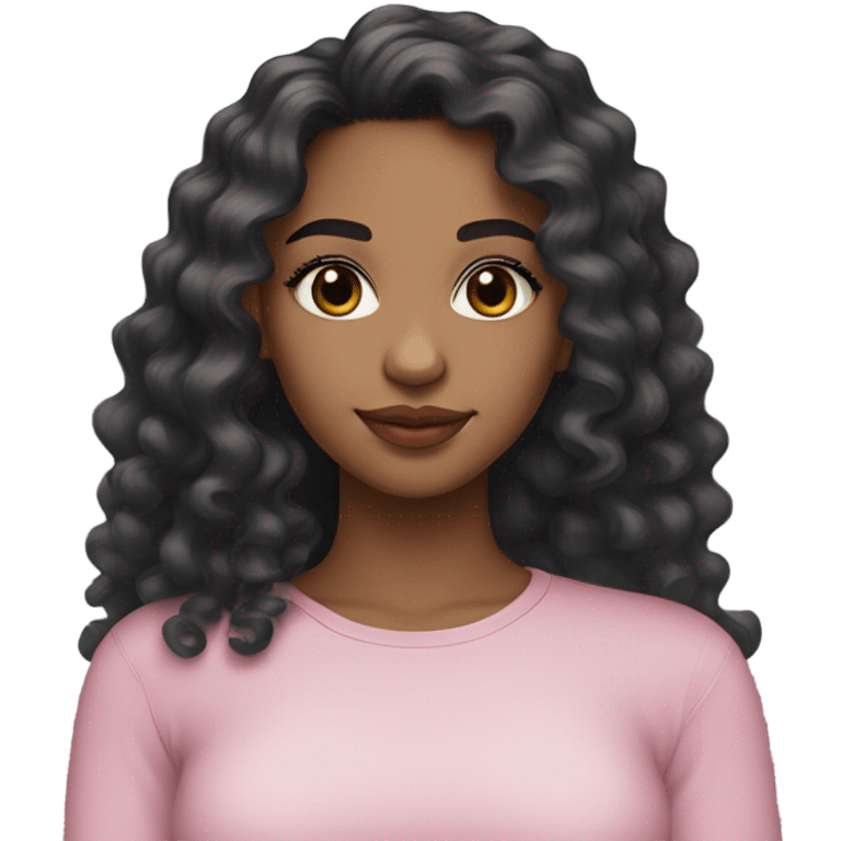 A mixed girl with long black wavy-curly hair, brown eyes, long lashes, noticeable blush, pink lips, and a tight grey long-sleeve top. emoji