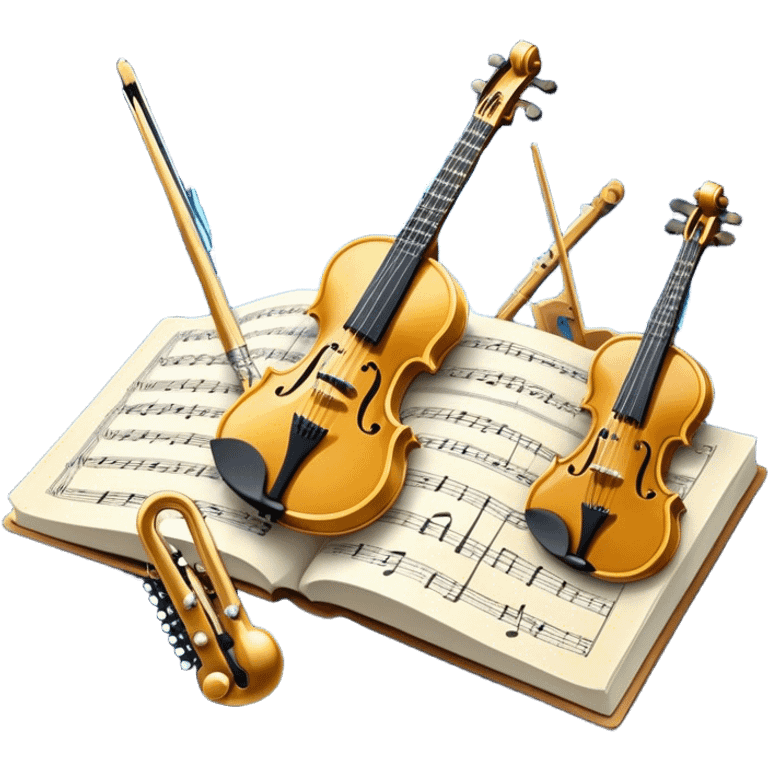 Create an artistic emoji that represents music arrangement and orchestration. The design should feature various orchestral instruments (drums, violin, electric guitar, synthesizer) and conductor's baton, musical scores. Incorporate flowing lines to represent harmony and orchestral balance, along with a subtle representation of sheet music. Use rich, classical colors like gold, silver, or deep blue, and create an atmosphere of sophistication and precision. The background should be transparent. emoji