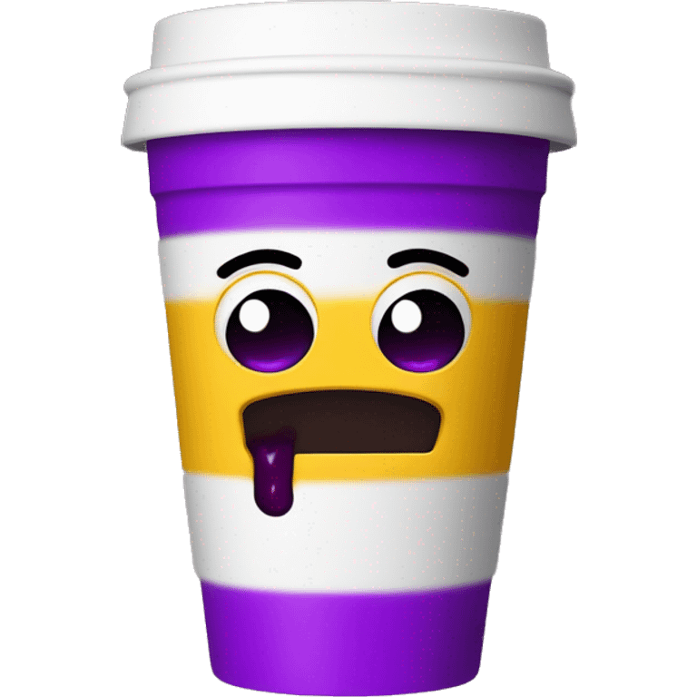 Styrofoam double cup with purple liquid inside, and a silly face on the outside emoji