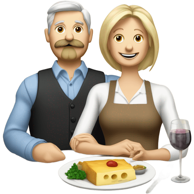 Repas raclette et deux verres de vin blanc en couple 50 ans, femme blonde cheveux aux-dessus des épaules homme petite barbe et moustache grisonnantes et cheveux bruns emoji