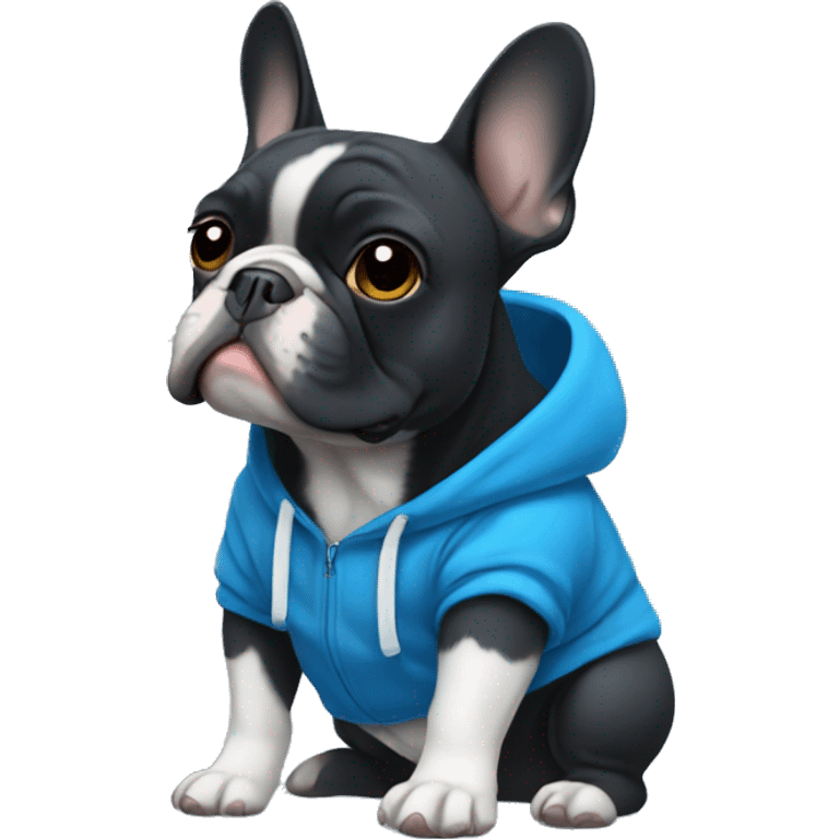 Black French bulldog with a white breast in a blue hoodie  emoji