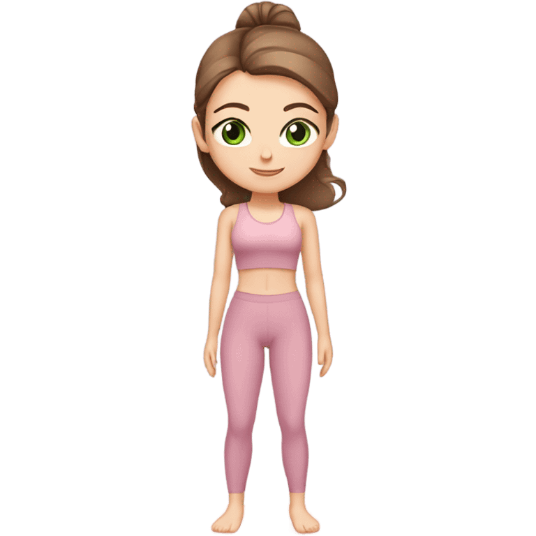 White girl with brown hair green eyes in light pink workout set on yoga mat emoji