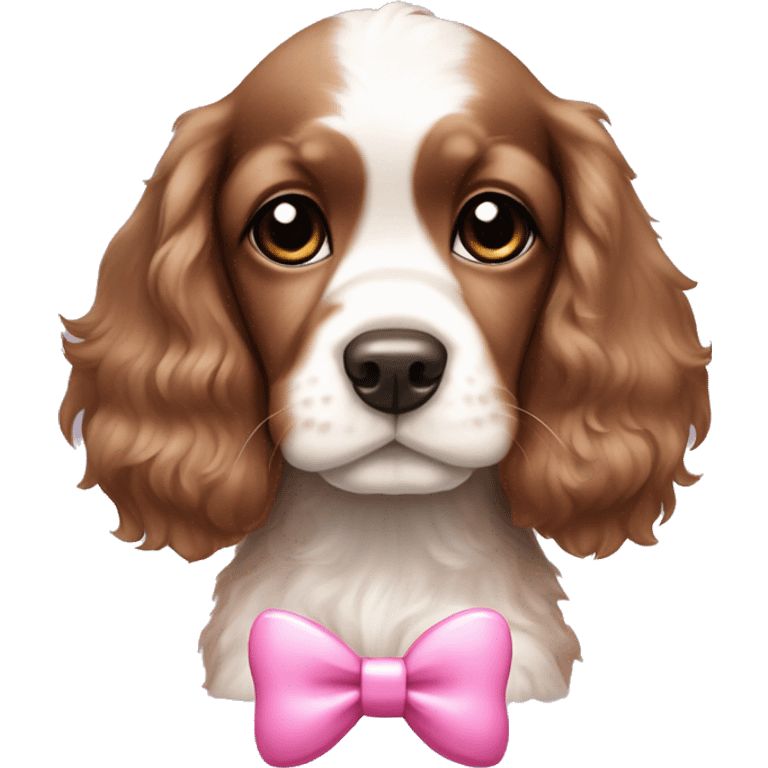 Brown and white cocker spaniel puppy with pink bow emoji