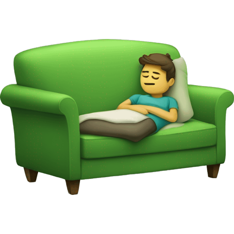 green comfy couch with pillows and a boy sleeping on it emoji