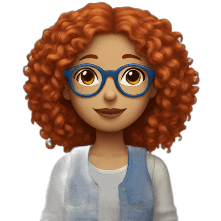 a girl with red curly hair and blue glasses with a cats emoji