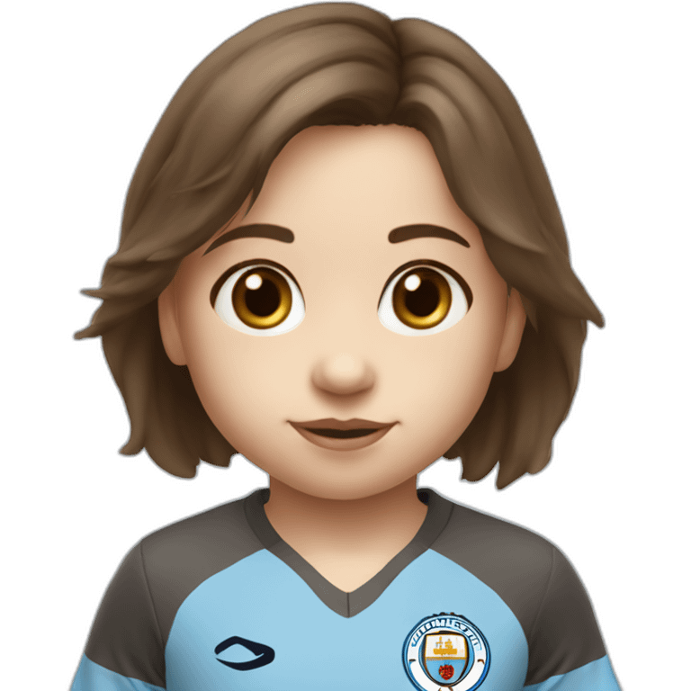 2 year old Little girl with brown hair and eyes wearing Manchester City football shirt emoji