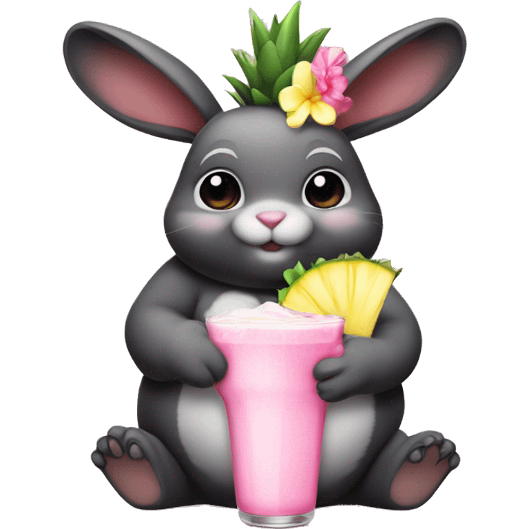 Chubby Black bunny, wearing a pink bow, holding a pina colada emoji