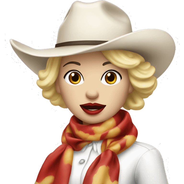 cowgirl with a white hat and white ASCOT scarf and blonde short hair with red lipstick eating hotdog emoji