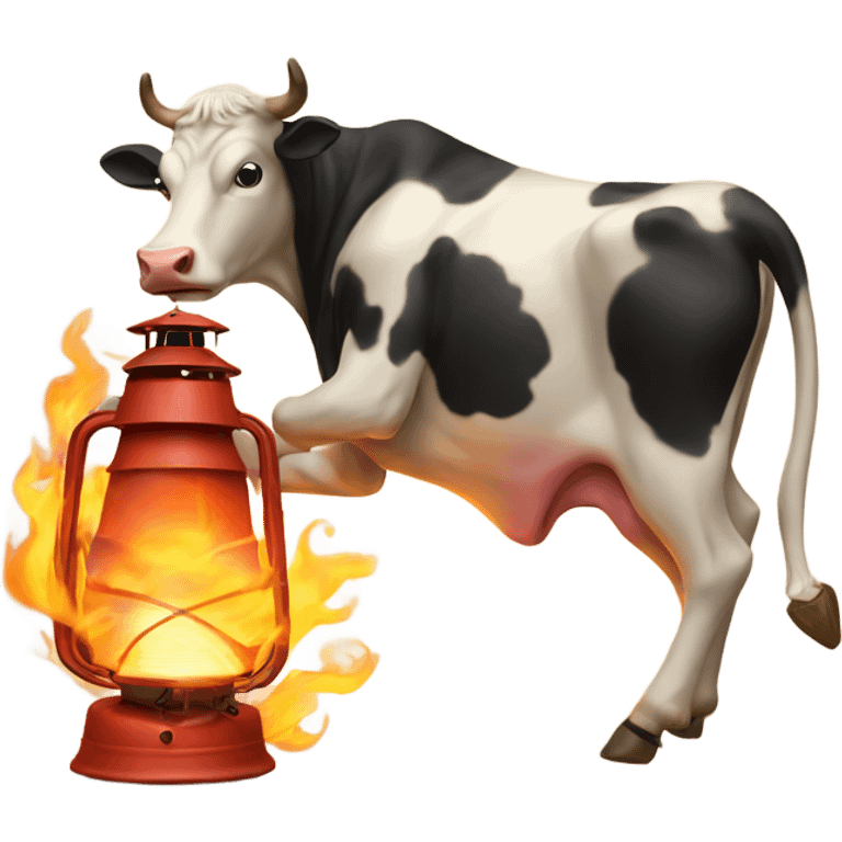 Cow kicking over a lantern staring a fire emoji