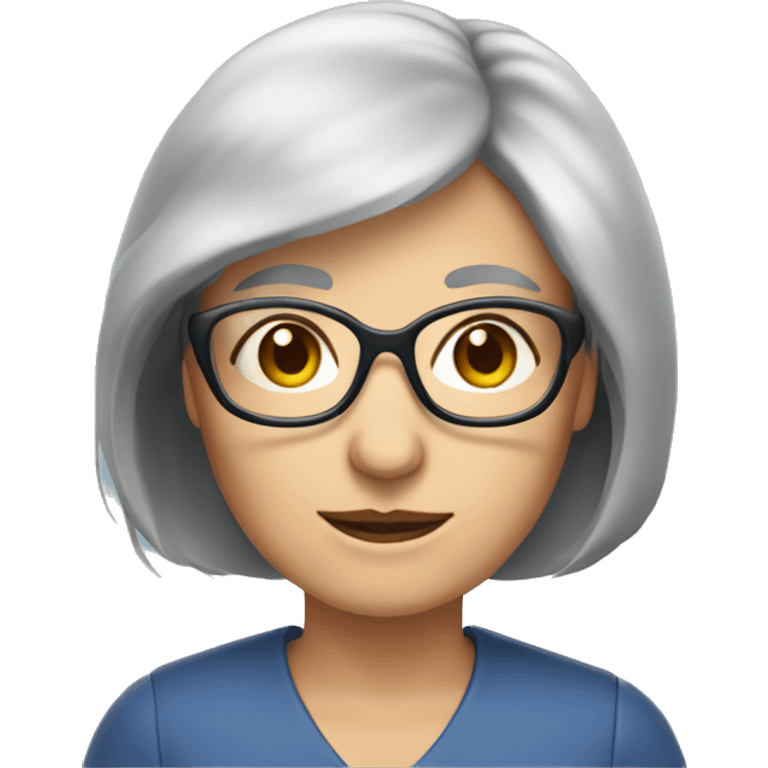 Grey long bob haired lady aged 55 76 kg brown eyes blue square glasses emoji