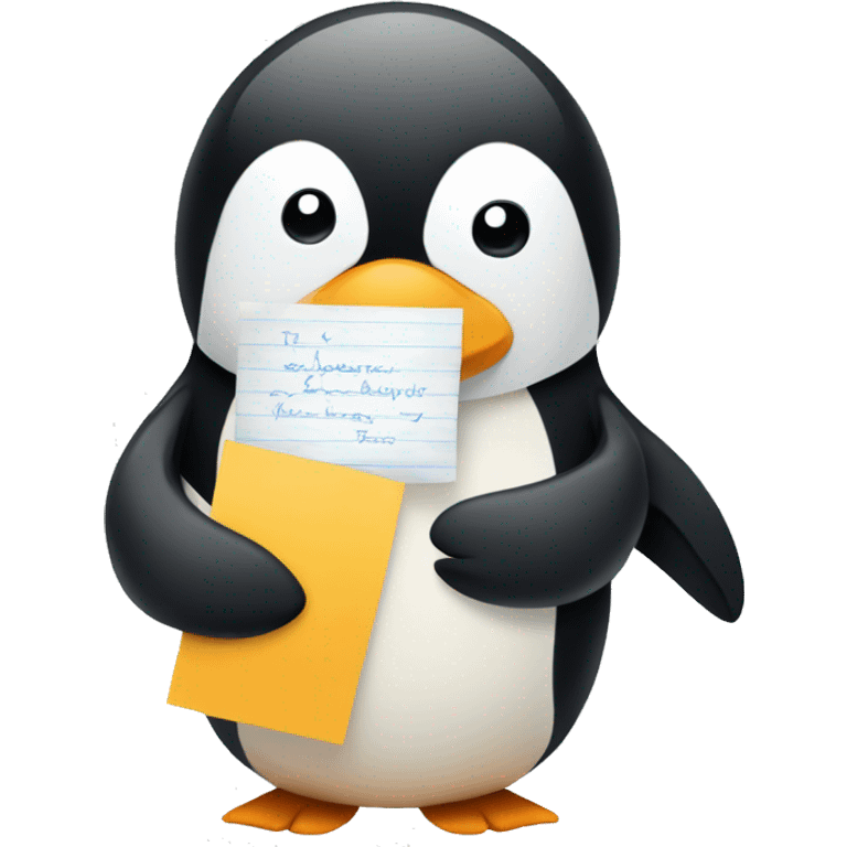 A penguin holding a note emoji