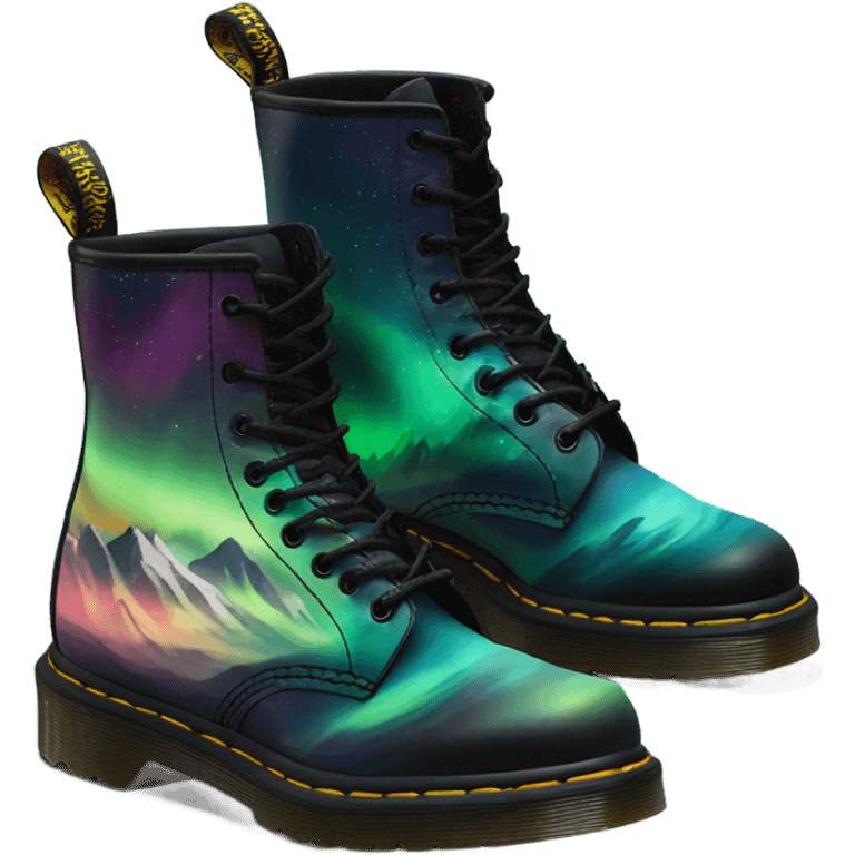 Realistic isolated pair of black Dr.Martens Jaddon Platform Boots with a Northern Lights Mountain Scene Painted on them.  emoji