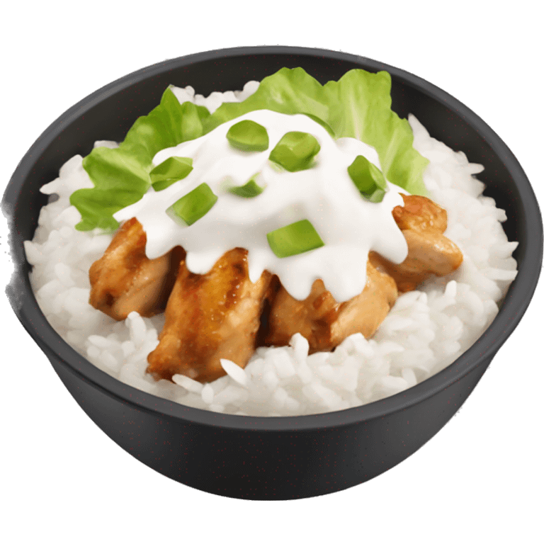 A chipotle bowl with chicken,white rice,lettuce,sour cream,and queso emoji