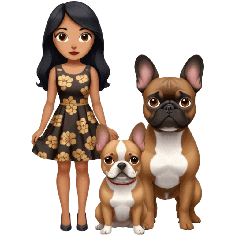 latin woman in a dress with long black hair standing alongside two French bulldogs  emoji