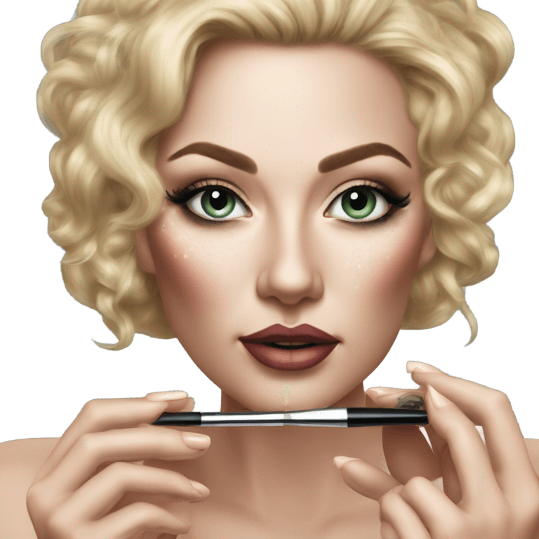 Hyper Realistic Beautiful lightly tattooed woman applying make-up in a compact mirror  emoji