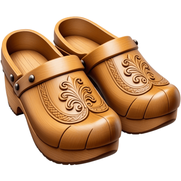 Cinematic Realistic Wooden Clogs Emoji, depicted as a pair of traditionally carved wooden clogs with intricate details and rustic charm. emoji