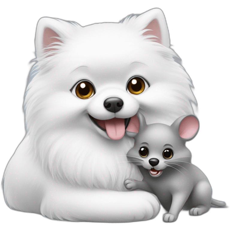 white pomeranian and gray mouse hug emoji