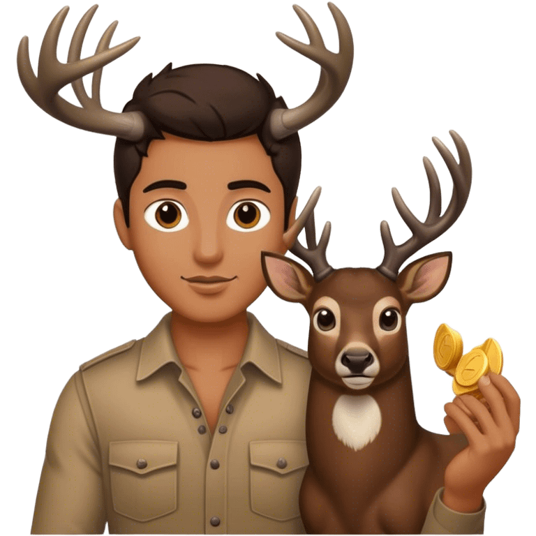 Guy with dark brown hair holding a buck emoji