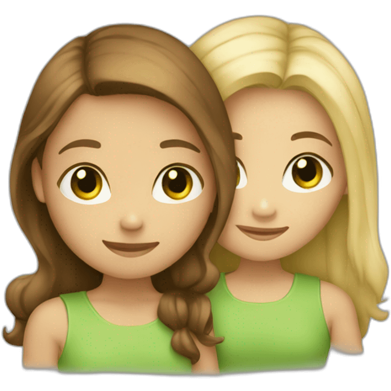 Two girls hugging: one has brown hair and brown eyes, and the other is blonde with green eyes. emoji