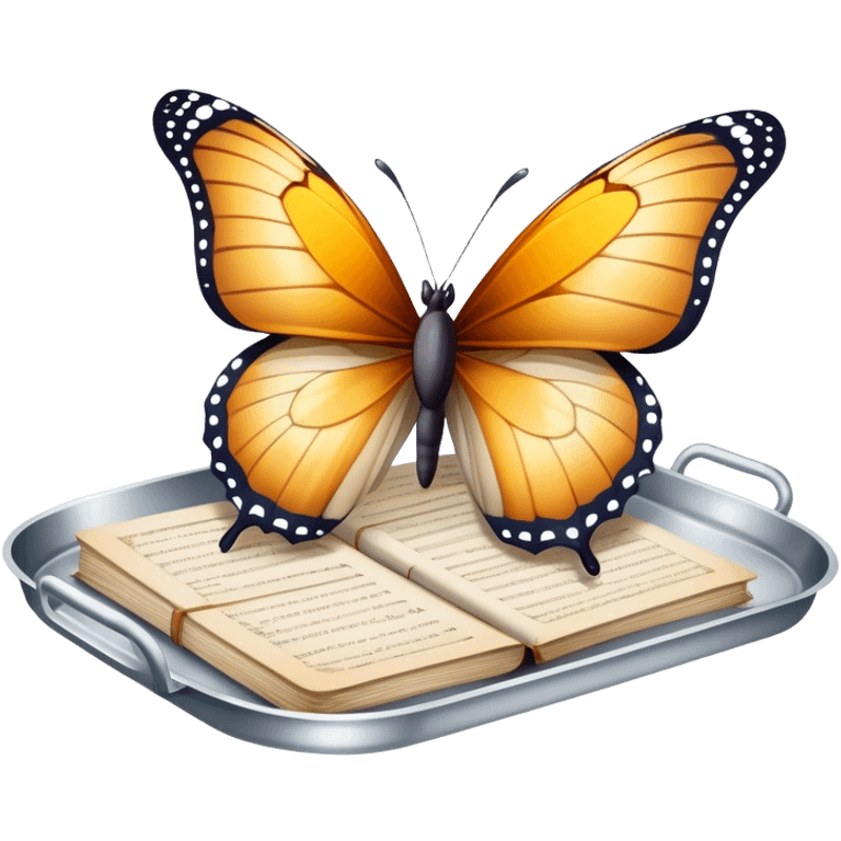 A butterfly balanced on a silver tray of old letters.
 emoji