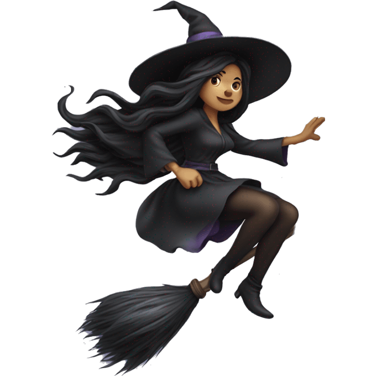 dark long hair witch flying on a broom white skin emoji