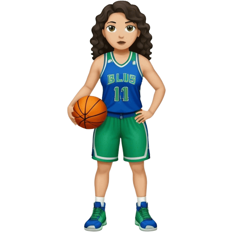 full body plus size light skin latino women basketball player with wavy dark hair large wide nose wearing blue with green uniform emoji