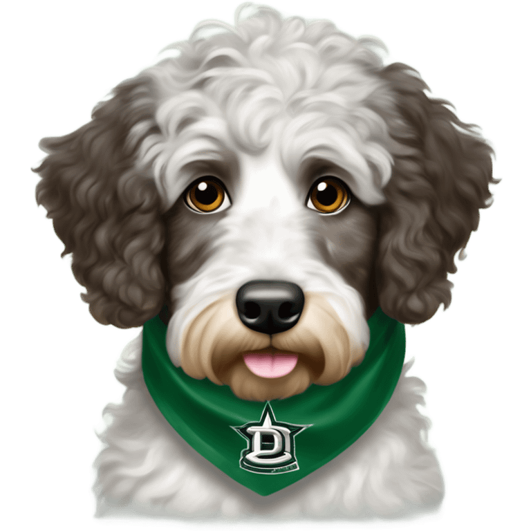 Merle Aussiedoodle wearing a bandana with the NHL Dallas Stars hockey team logo emoji