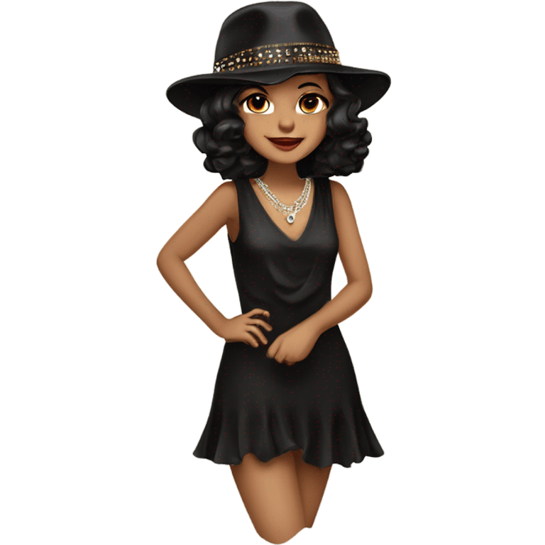 Wavy dark hair to shoulder  Flapper feminine brown eyes black hat jeweled flapper style  hat earrings wavy dark hair smirk emoji