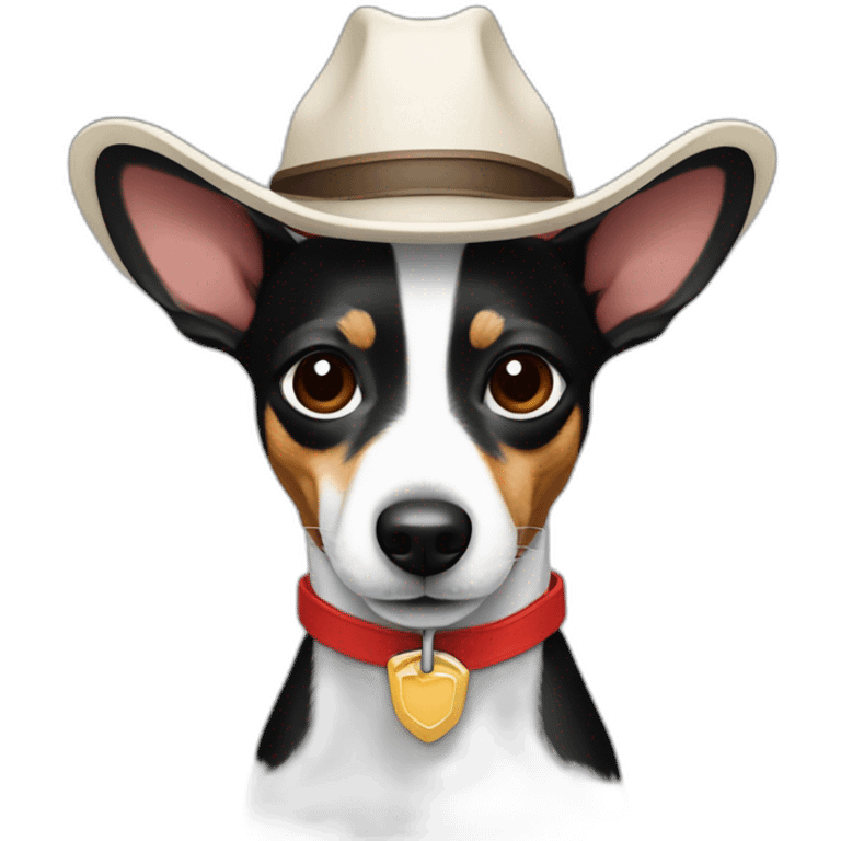 rat terrier wearing a cowboy hat and red collar smiling no brown (black and white) emoji