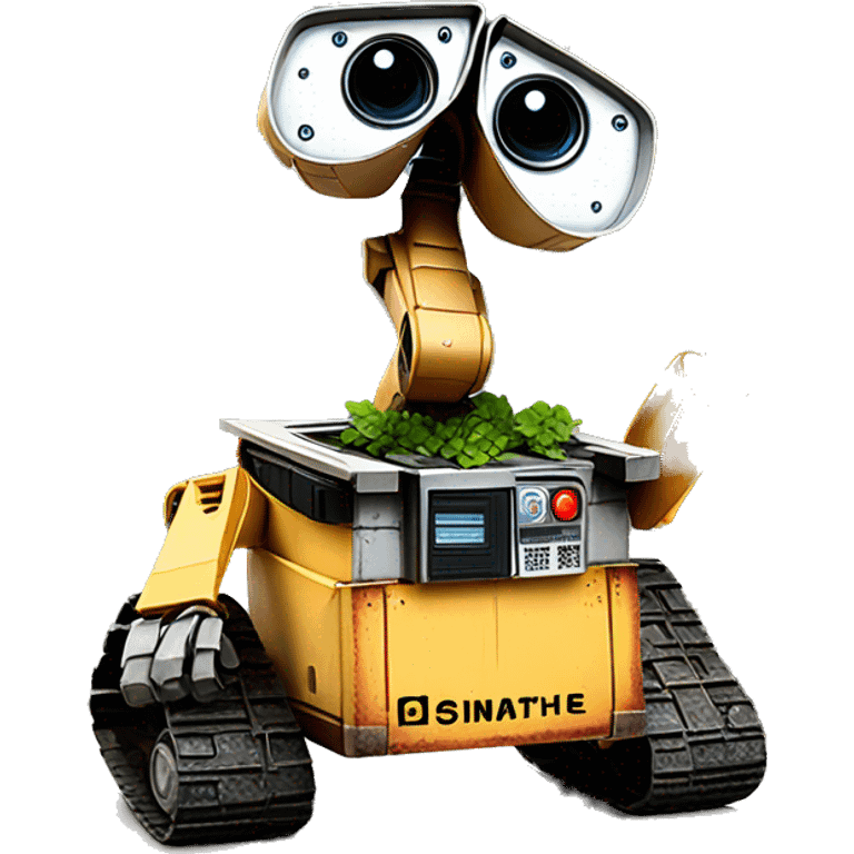 wall-e holding an old boot that has a plant emoji