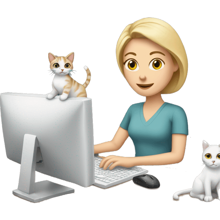 working white woman sitting at computer with cats emoji