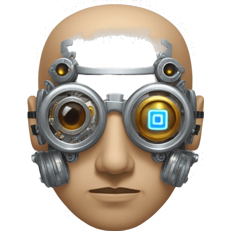 Tan bald male Latino cyborg head with grey beard, silver steampunk monocle goggles and circuits emoji