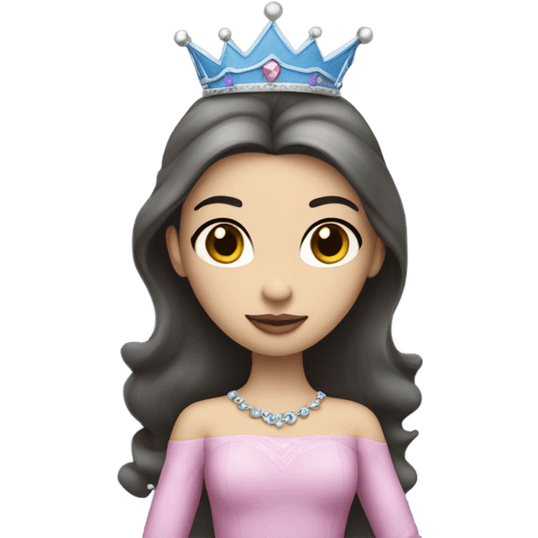 Princess- Fair skin- Long dark hair- crown- blue dress- pink lips emoji