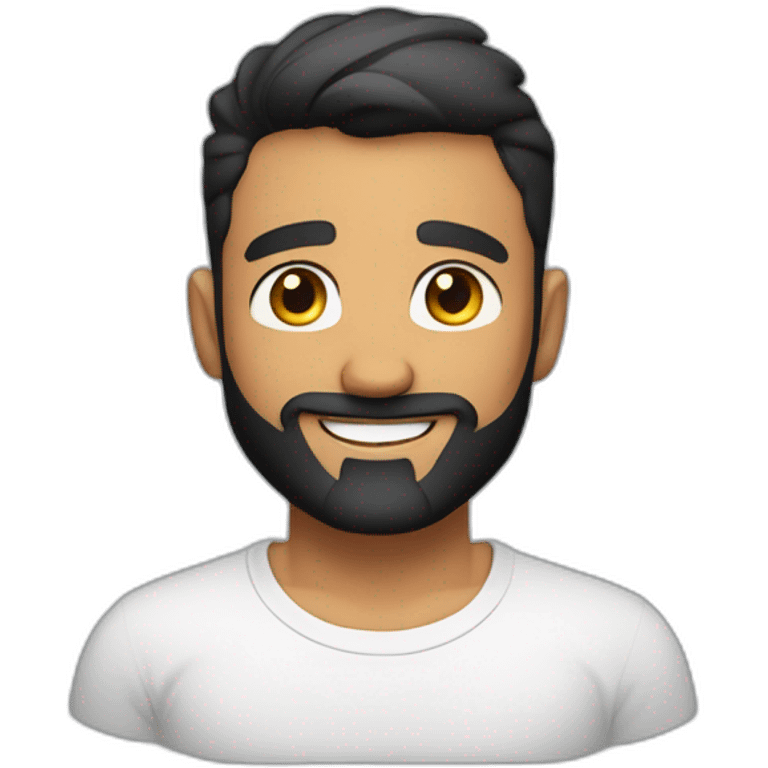 tanned skin male, short black hair with a skin fade haircut, good beard, white teeth, black t shirt approximately 32 years old, good beard, chest up, confident emoji