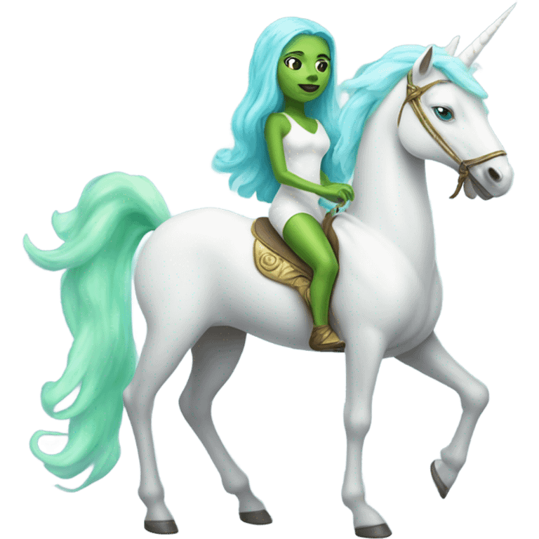 [(a light green amazon alien woman with blue eyes) on a (four-legged white unicorn)] emoji