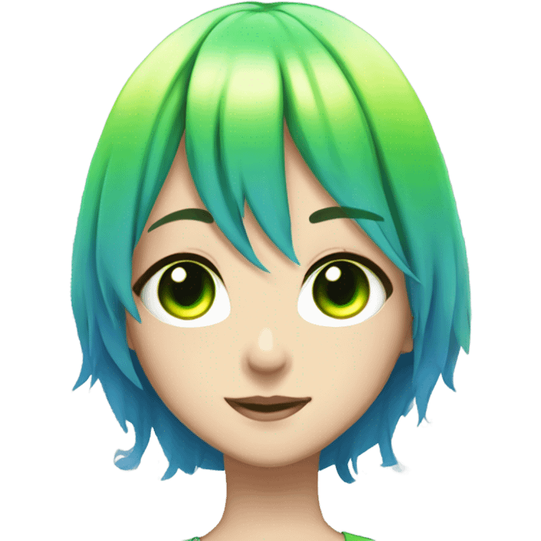 A anime girl with green glowing eyes and rainbow hair and a beautiful blue dress emoji