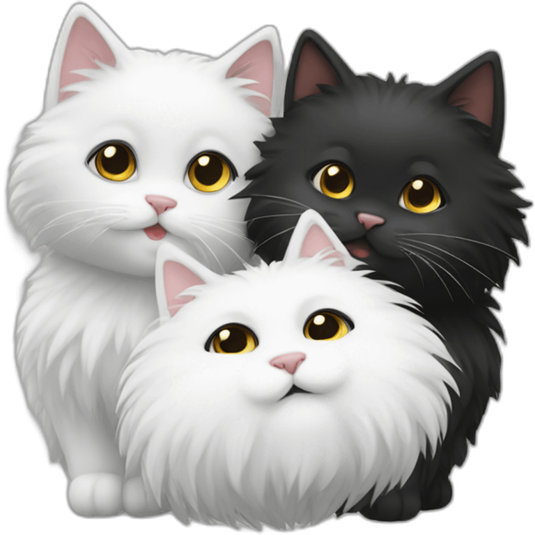 Two cute fluffy cats one black and one white kissing emoji