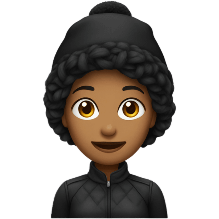 Mujer con pelo negro ondulado cazadora y gorro emoji